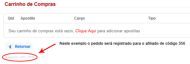 Exemplo de como fica o carrinho de compras quando um afiliado direciona um visitante através do link de divulgação